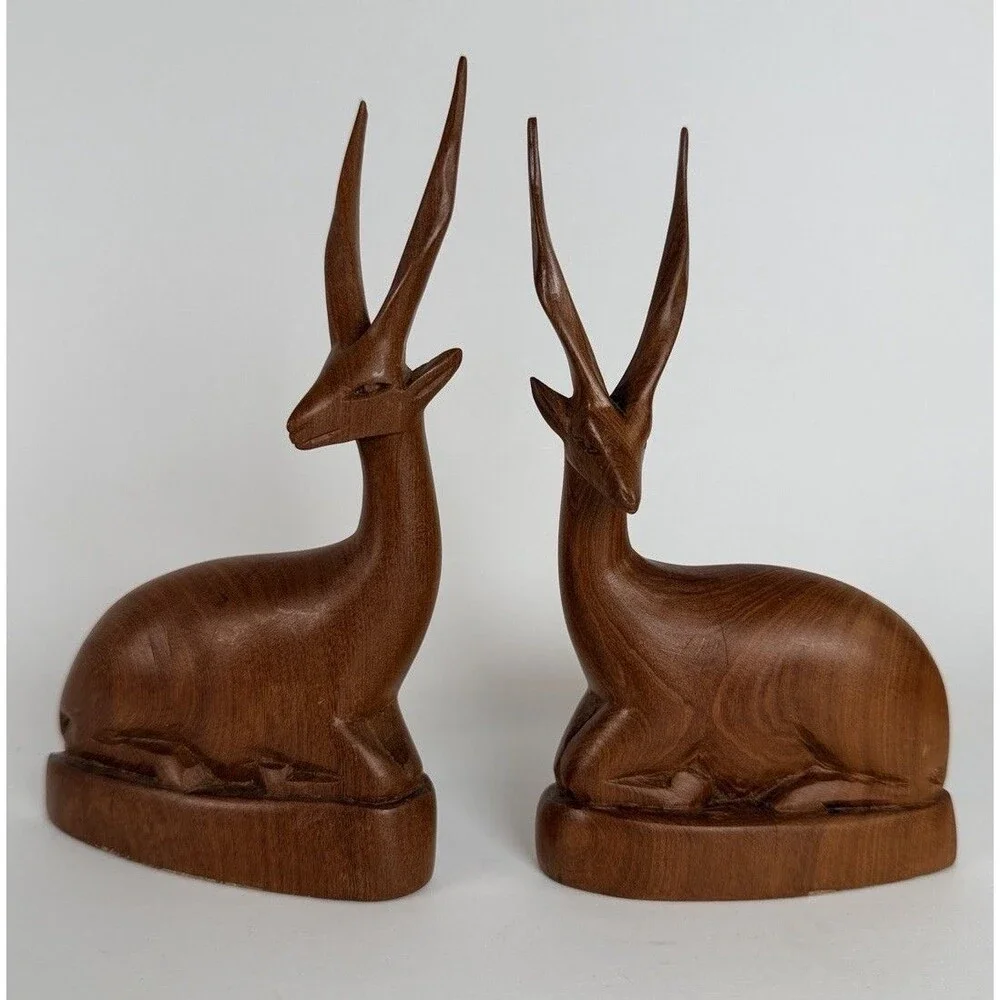 Mid Century Hand Carved Teak Wood Antelope Gazelles Figurines Pair MCM Vintage ￼